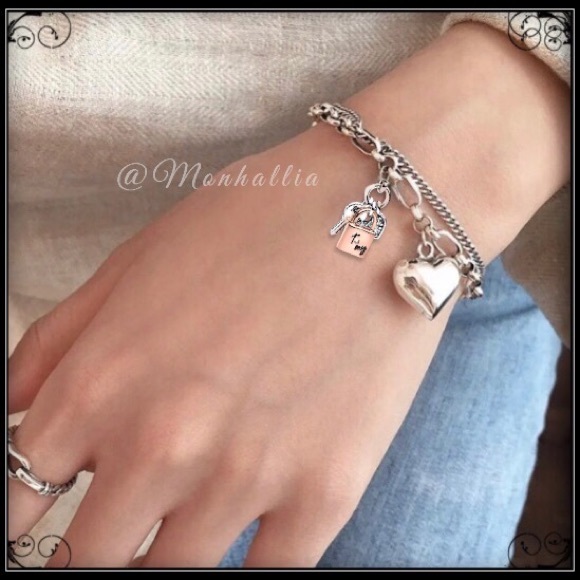 New 14k white gold keys to my heart double chain trinket heart charms bracelet - Picture 2 of 5